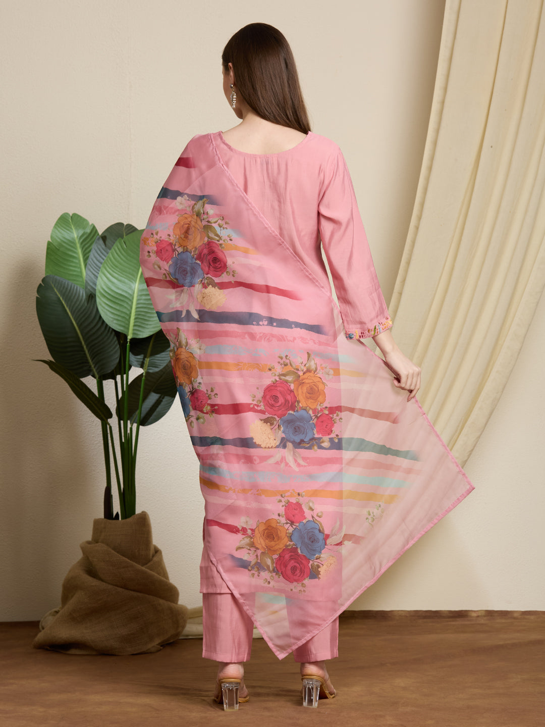 Solid Floral Hand Embroidered Straight Kurta with Pant & Dupatta - Pink