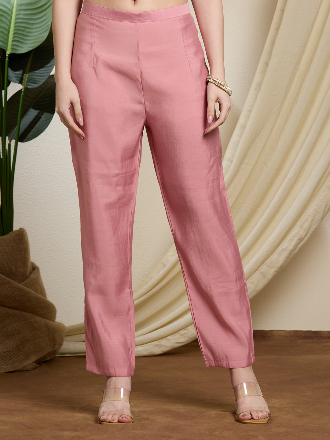 Solid Floral Hand Embroidered Straight Kurta with Pant & Dupatta - Pink