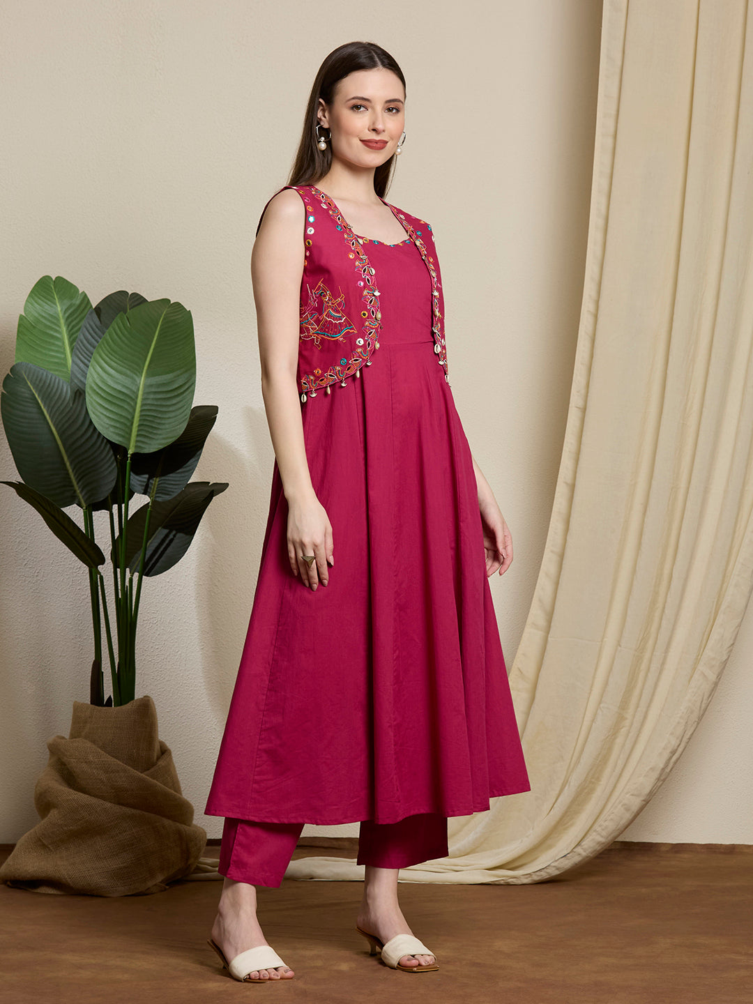 Festive Solid Mirror Work Anarkali with Shirt Jacket & Palazzo - Magenta