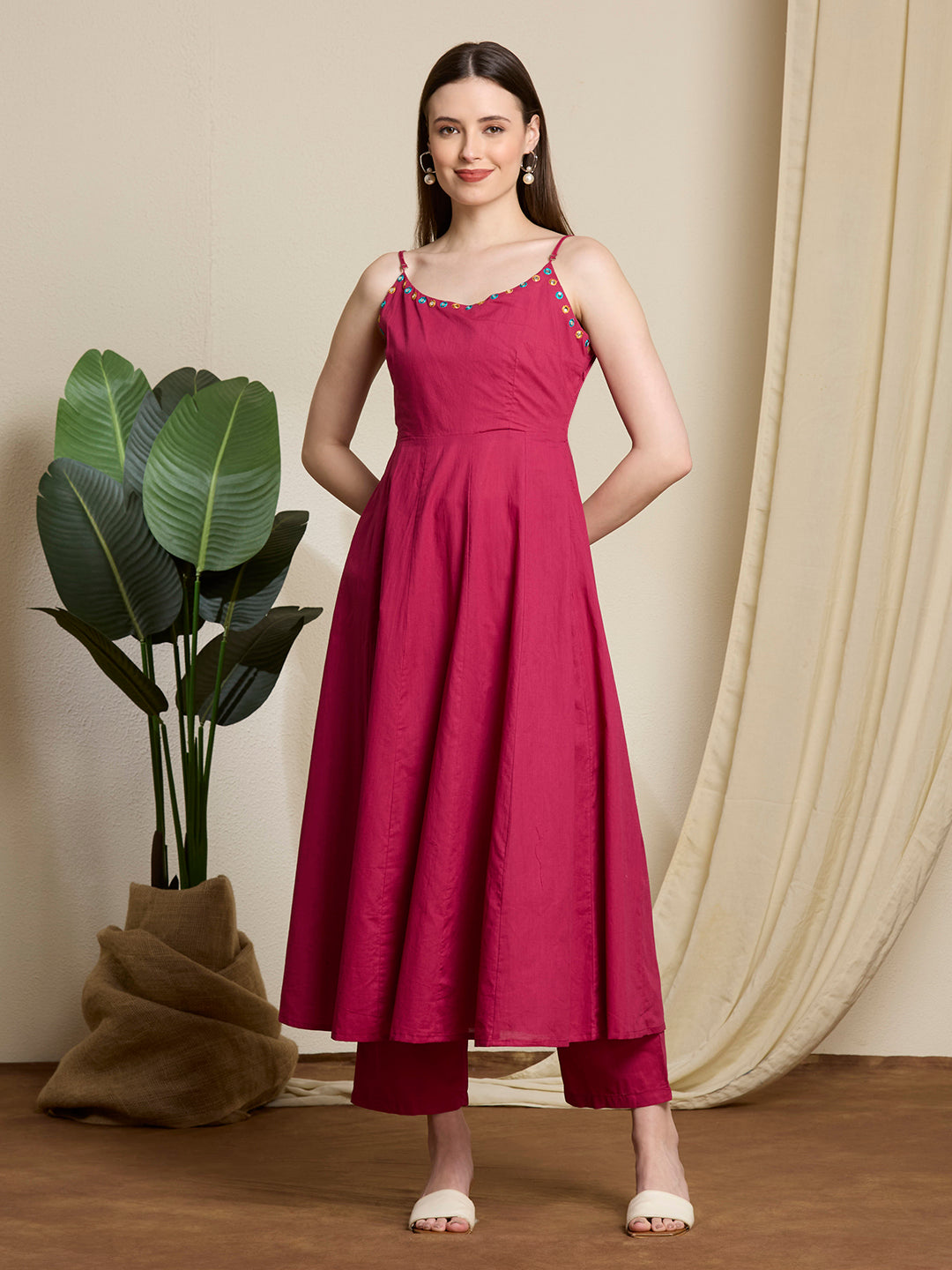 Festive Solid Mirror Work Anarkali with Shirt Jacket & Palazzo - Magenta