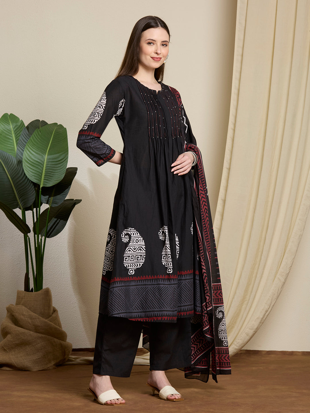 Ethnic Paisley Printed A-Line Pleated Kurta with Palazzo & Dupatta - Black