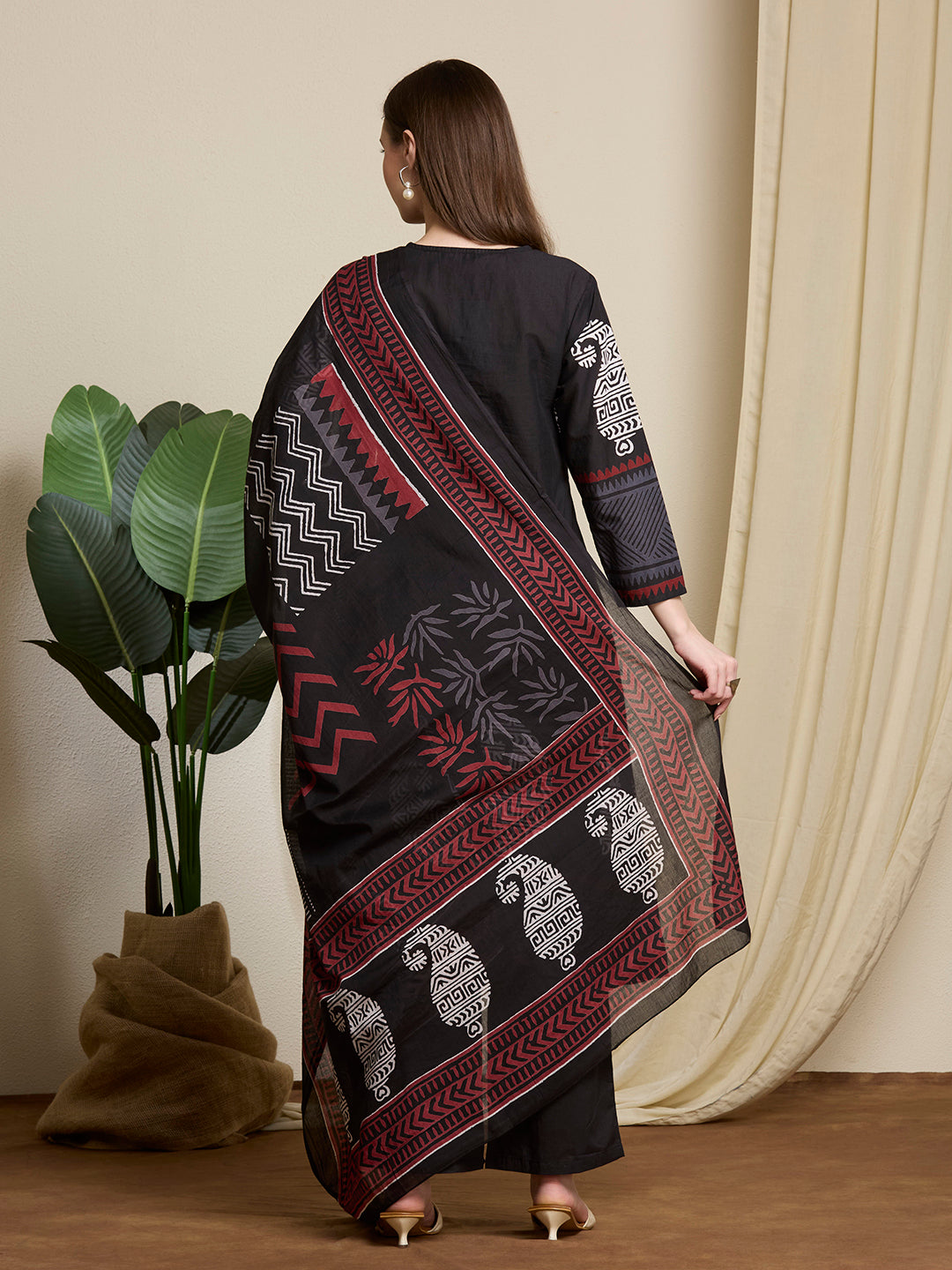 Ethnic Paisley Printed A-Line Pleated Kurta with Palazzo & Dupatta - Black