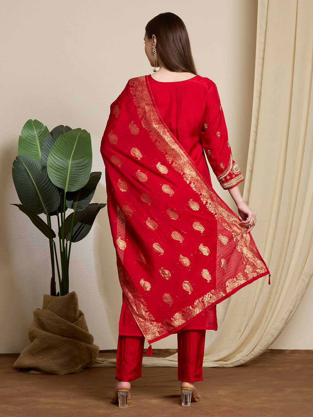 Festive & Ethnic Embroidered Straight Kurta with Pant & Dupatta - Red