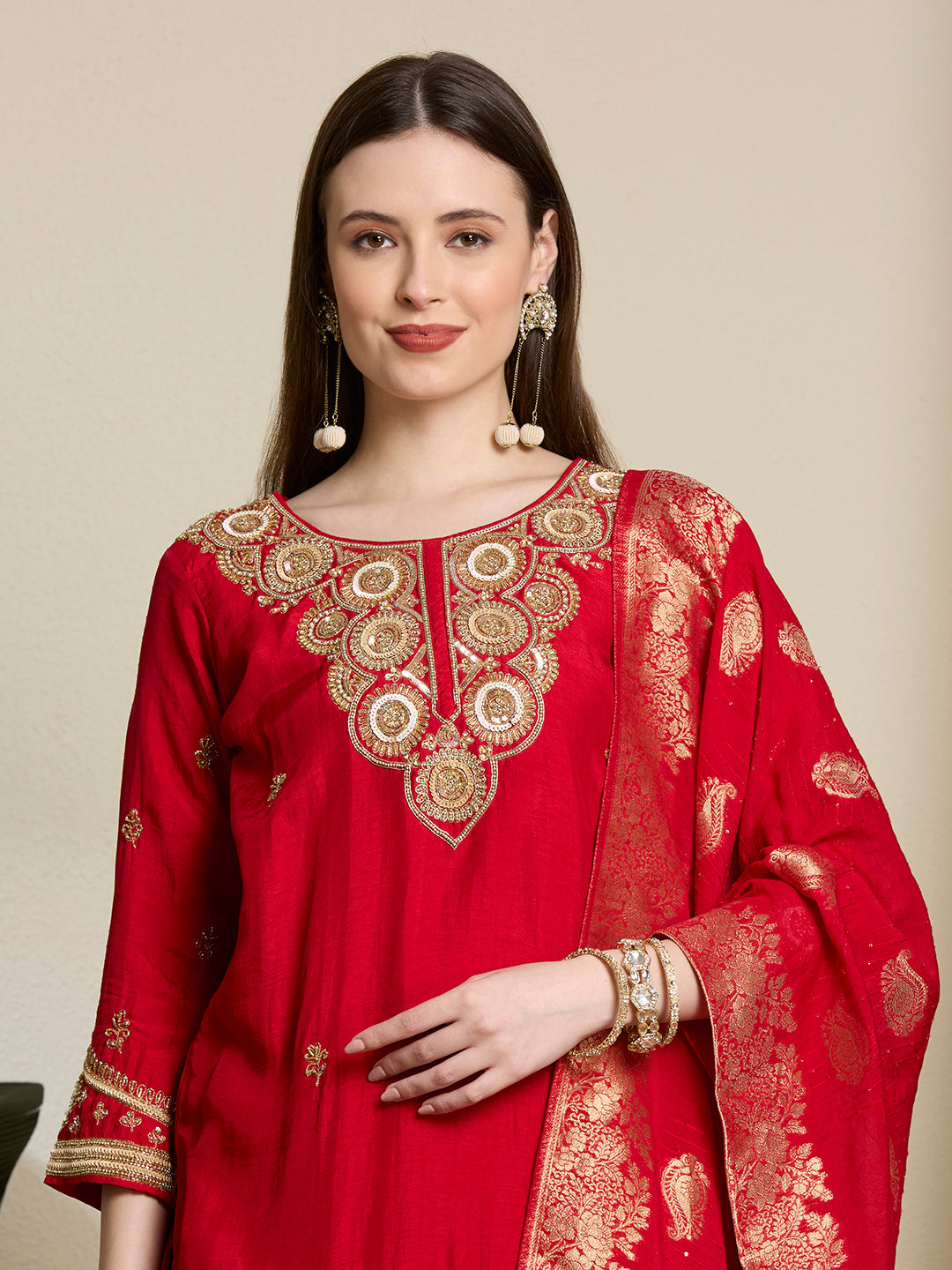 Festive & Ethnic Embroidered Straight Kurta with Pant & Dupatta - Red