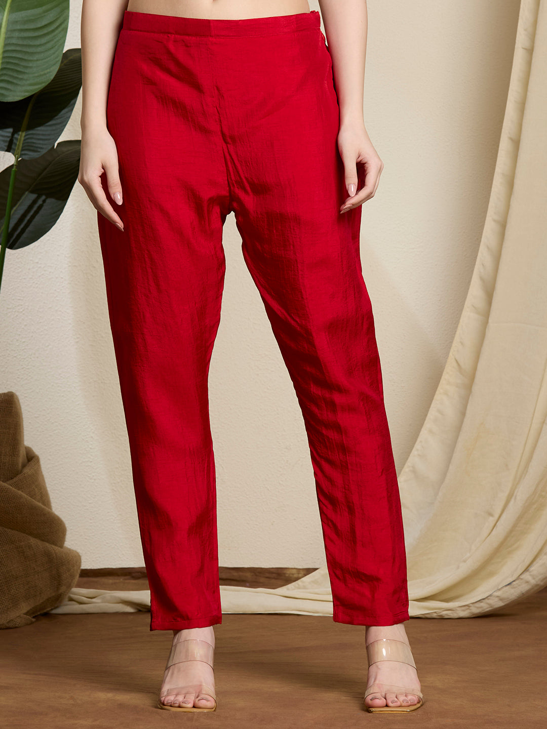 Festive & Ethnic Embroidered Straight Kurta with Pant & Dupatta - Red