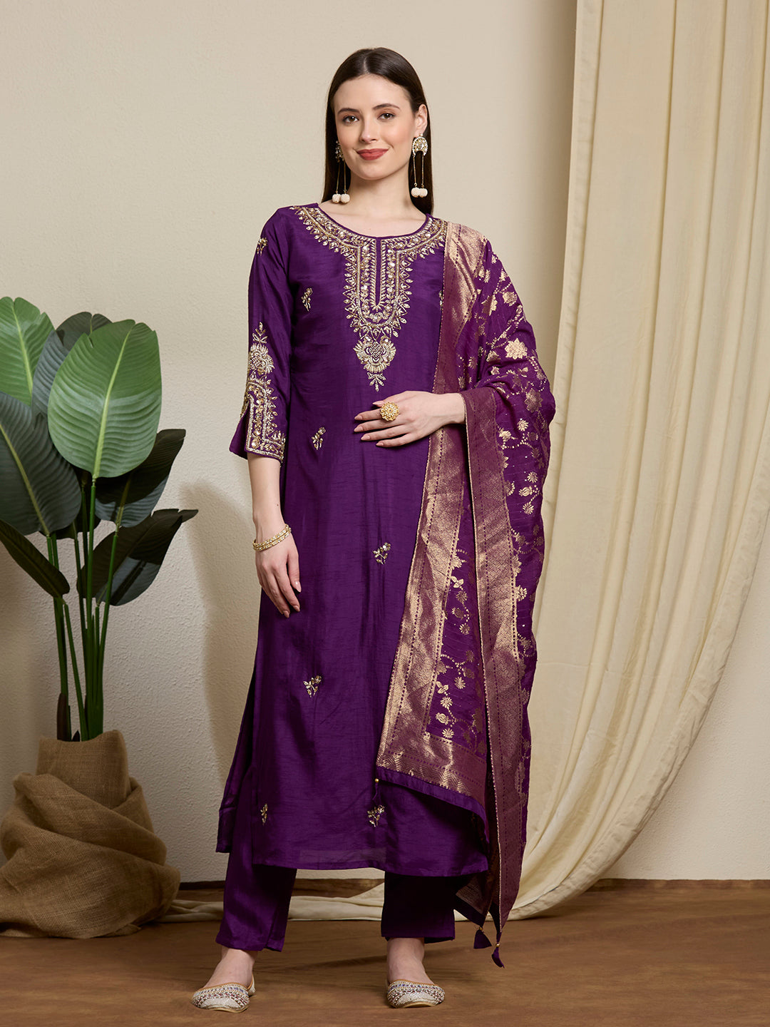 Festive Ethnic Embroidered Straight Kurta with Pant & Dupatta - Purple