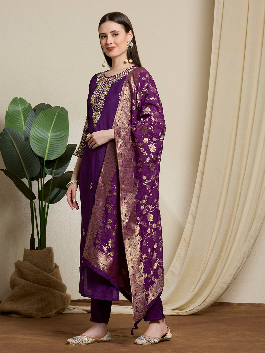 Festive Ethnic Embroidered Straight Kurta with Pant & Dupatta - Purple