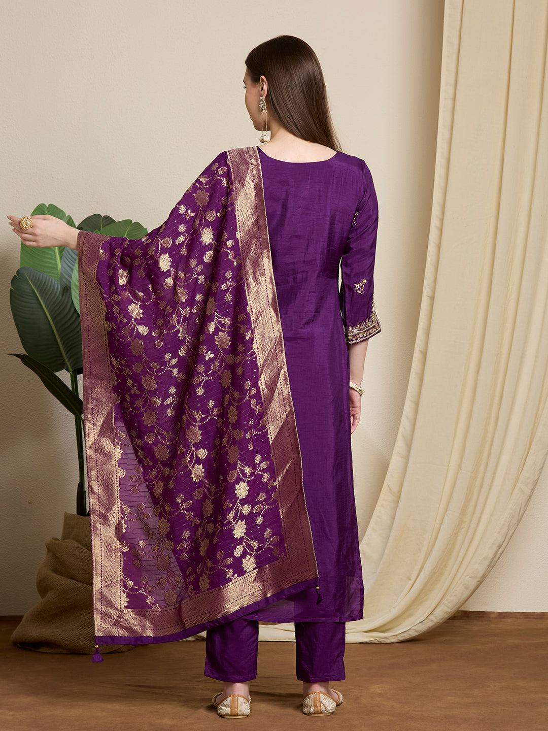 Festive Ethnic Embroidered Straight Kurta with Pant & Dupatta - Purple