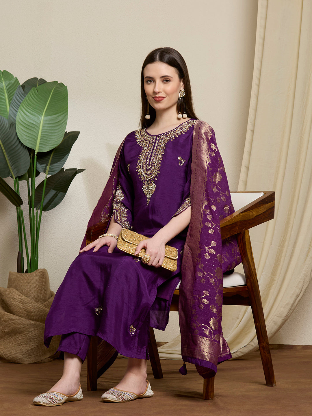 Festive Ethnic Embroidered Straight Kurta with Pant & Dupatta - Purple