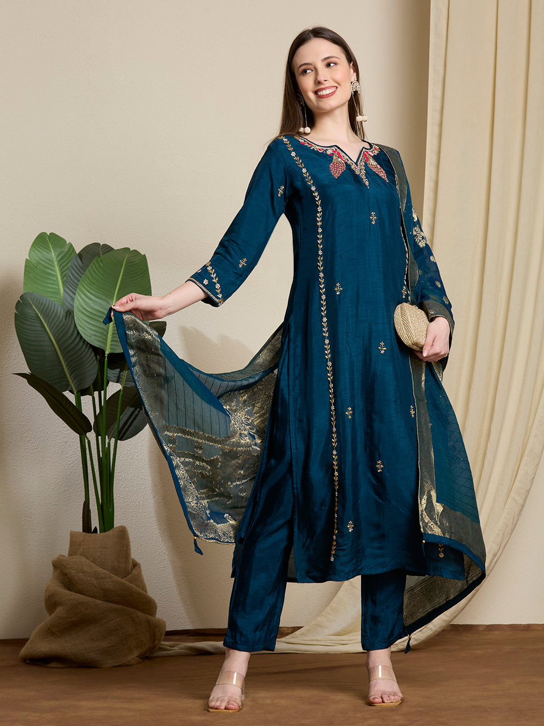 Festive Ethnic Embroidered Straight Kurta with Pant & Dupatta - Teal
