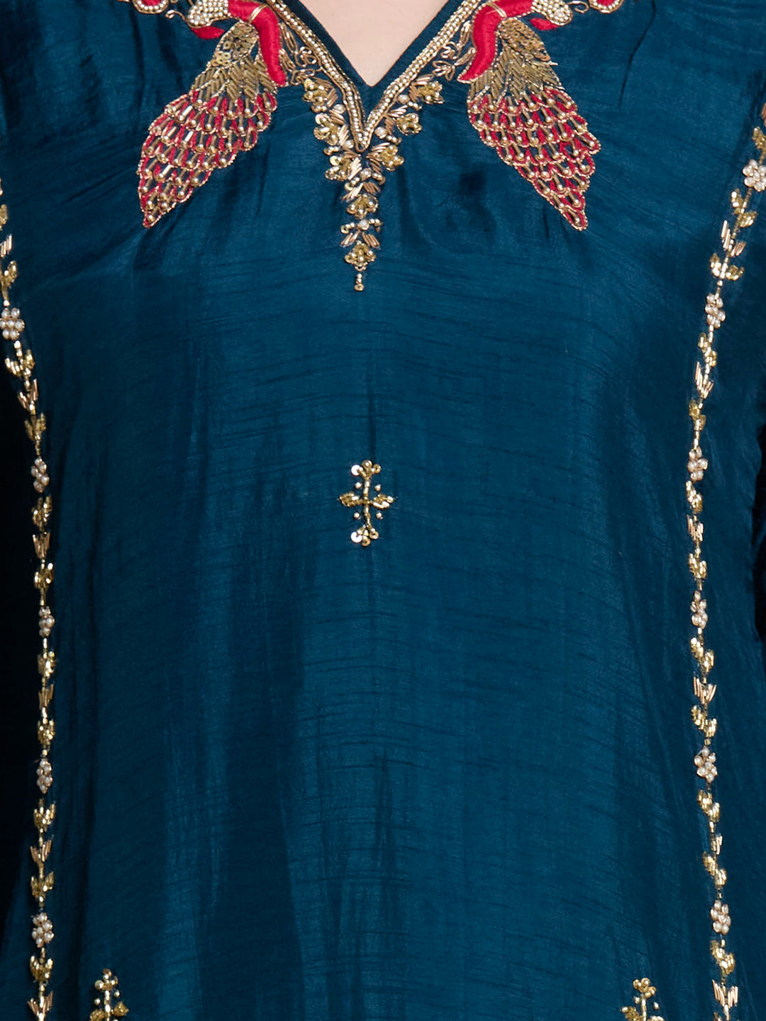 Festive Ethnic Embroidered Straight Kurta with Pant & Dupatta - Teal