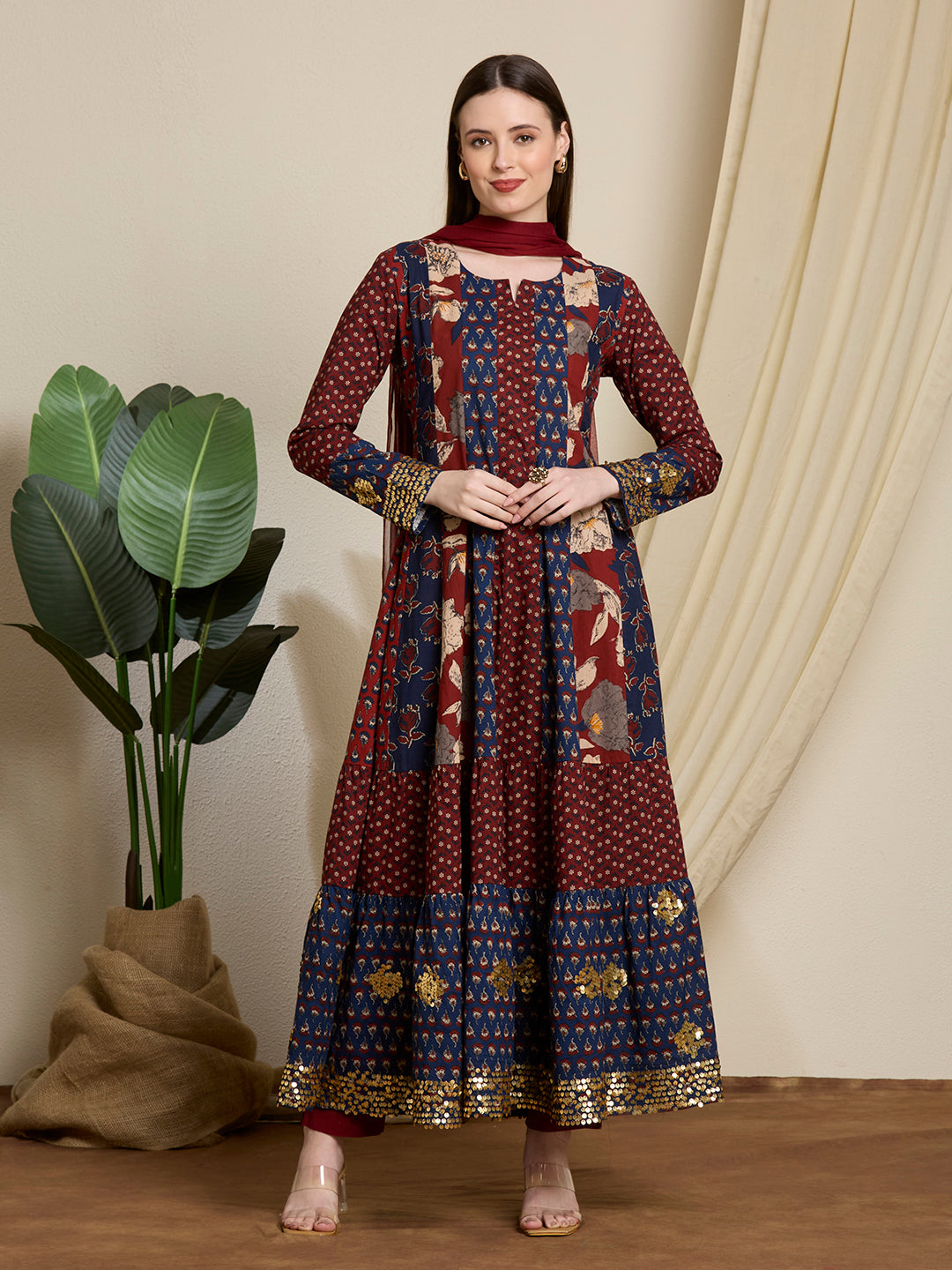 Ethnic Floral Printed & Embroidered Anarkali with Pant & Dupatta - Multi