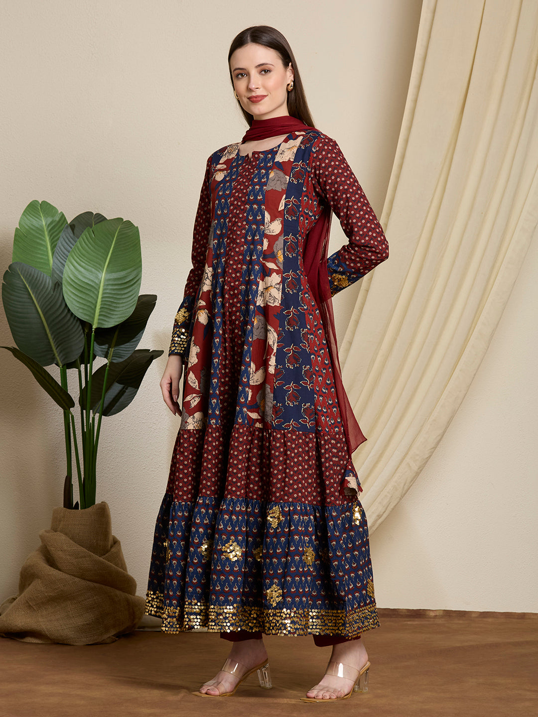 Ethnic Floral Printed & Embroidered Anarkali with Pant & Dupatta - Multi