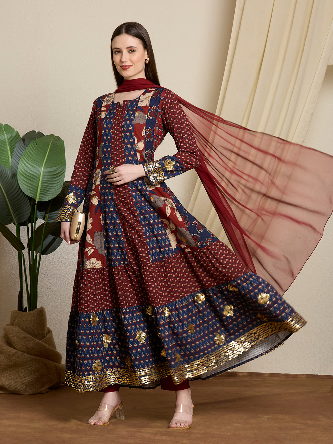 Ethnic Floral Printed & Embroidered Anarkali with Pant & Dupatta - Multi
