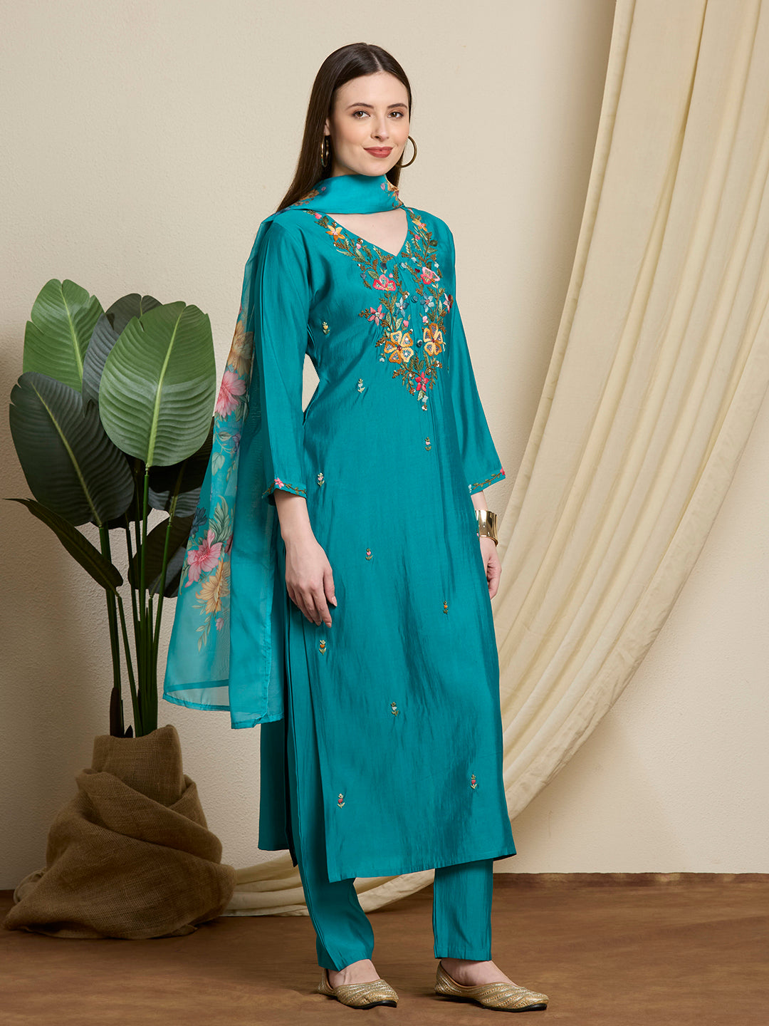 Solid Floral Hand Embroidered Straight Kurta with Pant & Dupatta - Sea Green