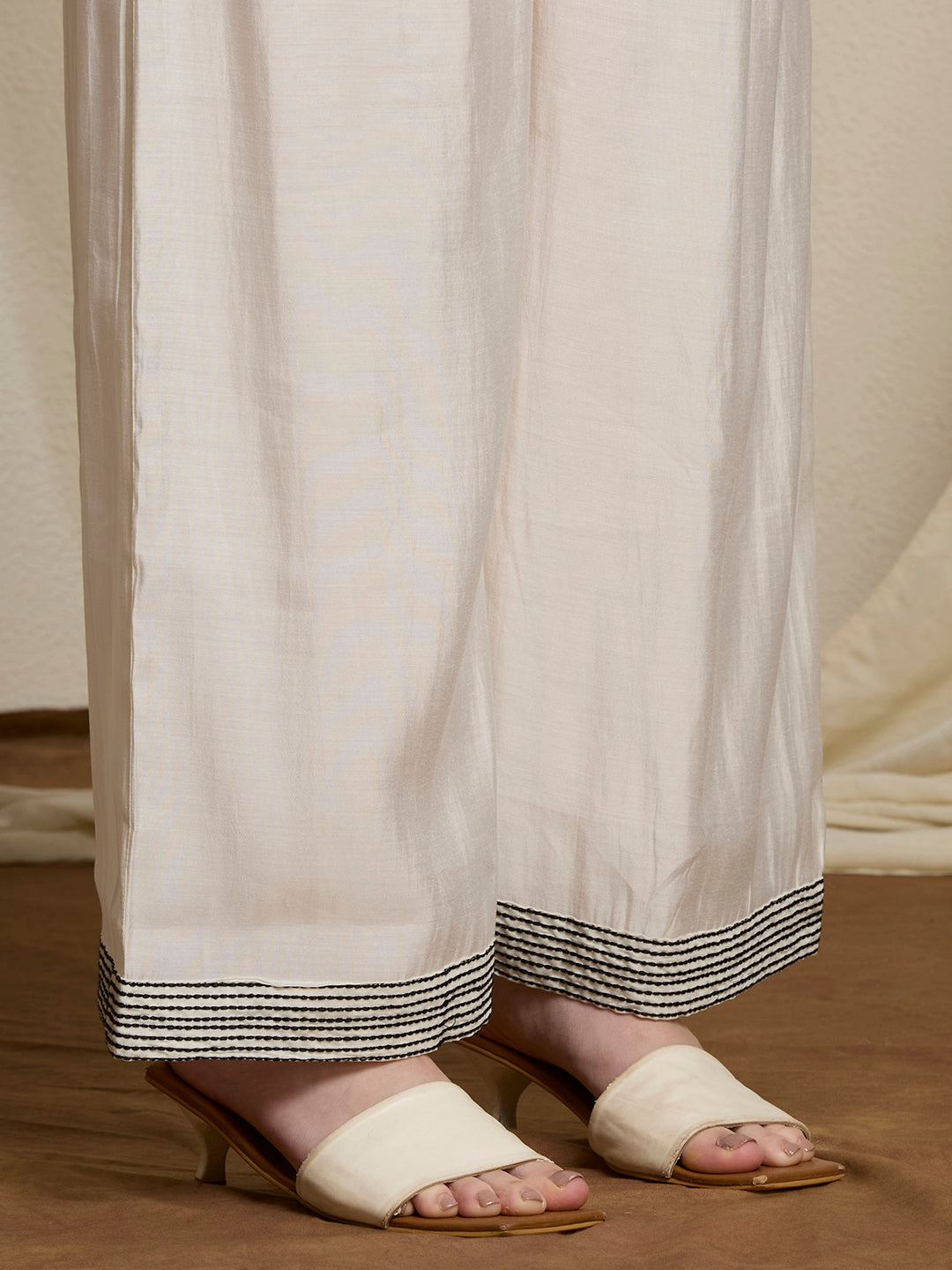 Solid Ethnic Embroidered A-Line Pleated Kurta with Palazzo & Dupatta - Off White