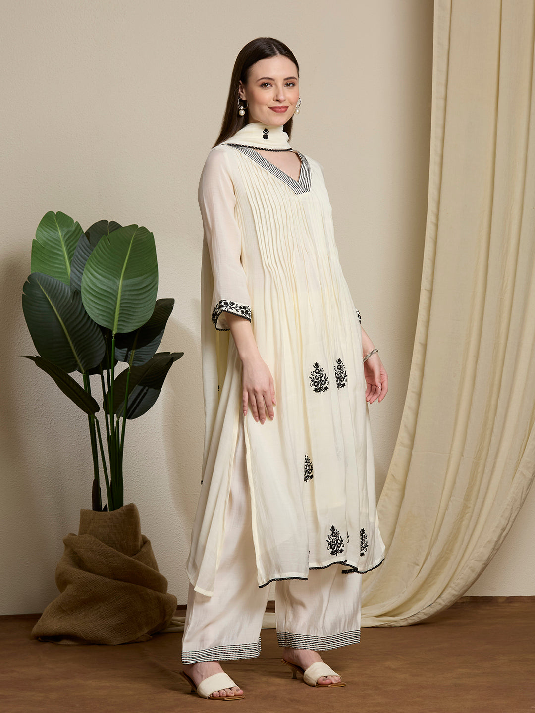 Solid Ethnic Embroidered A-Line Pleated Kurta with Palazzo & Dupatta - Off White