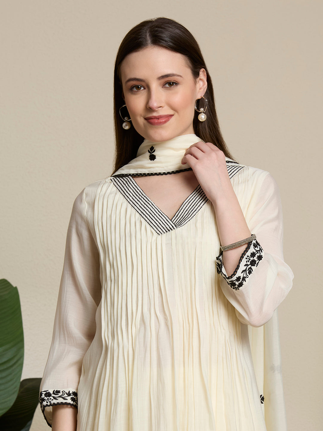 Solid Ethnic Embroidered A-Line Pleated Kurta with Palazzo & Dupatta - Off White