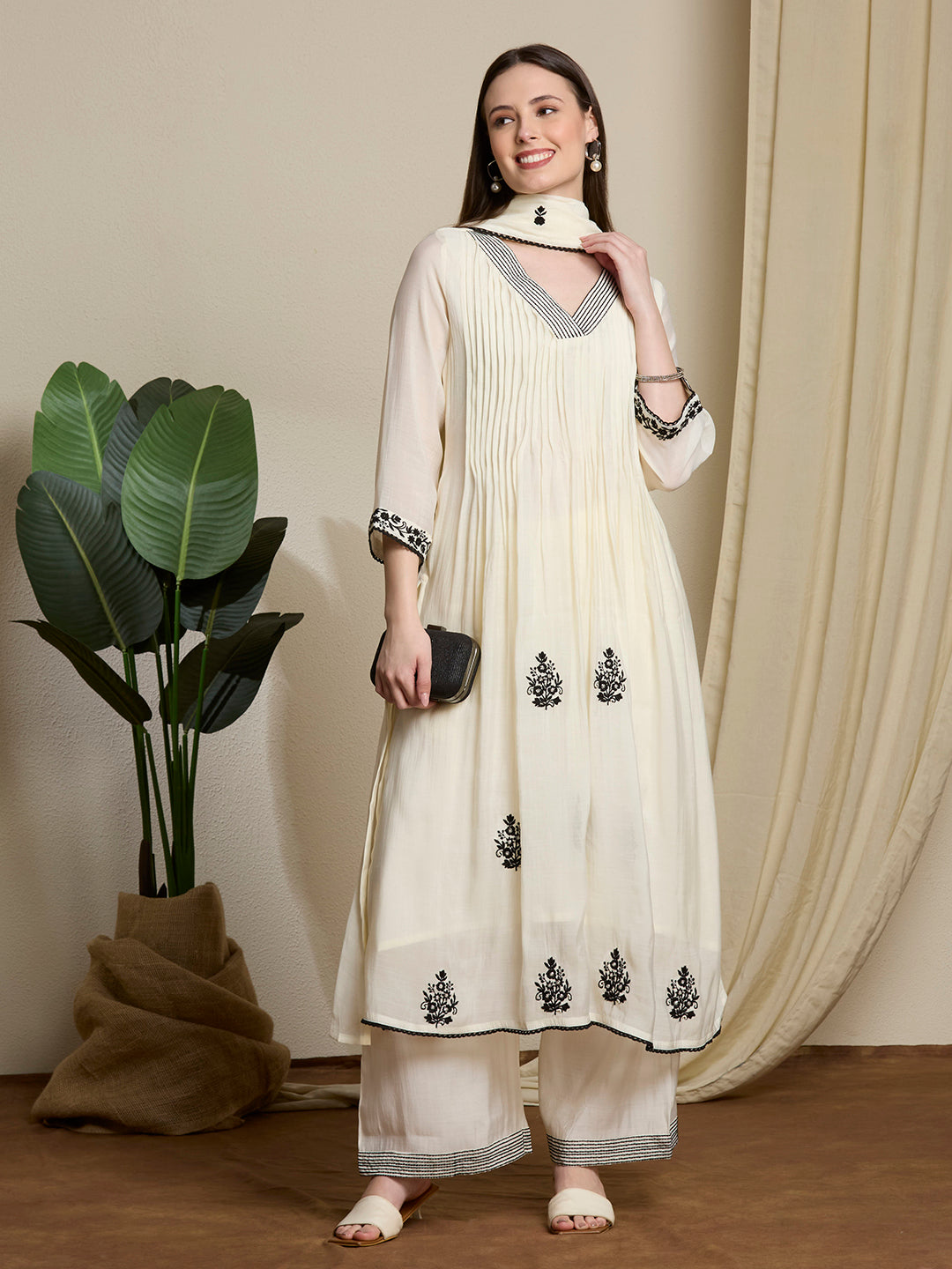 Solid Ethnic Embroidered A-Line Pleated Kurta with Palazzo & Dupatta - Off White