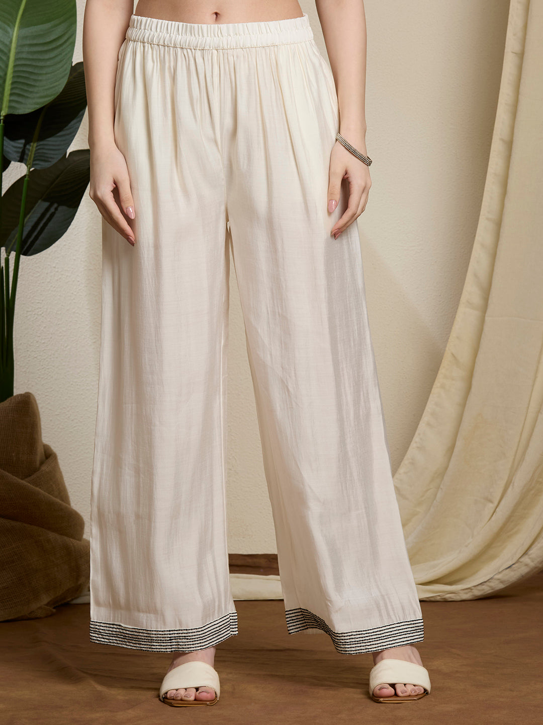 Solid Ethnic Embroidered A-Line Pleated Kurta with Palazzo & Dupatta - Off White