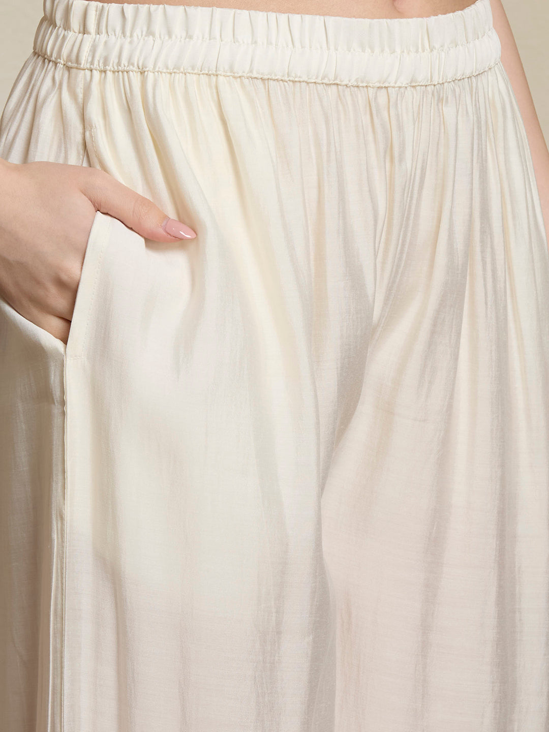 Solid Ethnic Embroidered A-Line Pleated Kurta with Palazzo & Dupatta - Off White