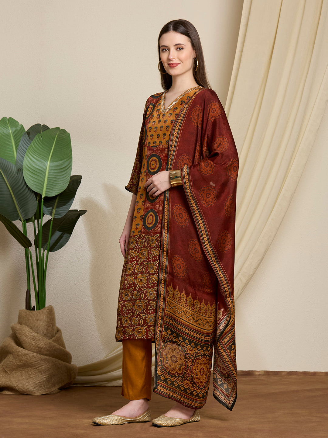 Ethnic Printed & Embroidered Straight Kurta with Pant & Dupatta - Mustard