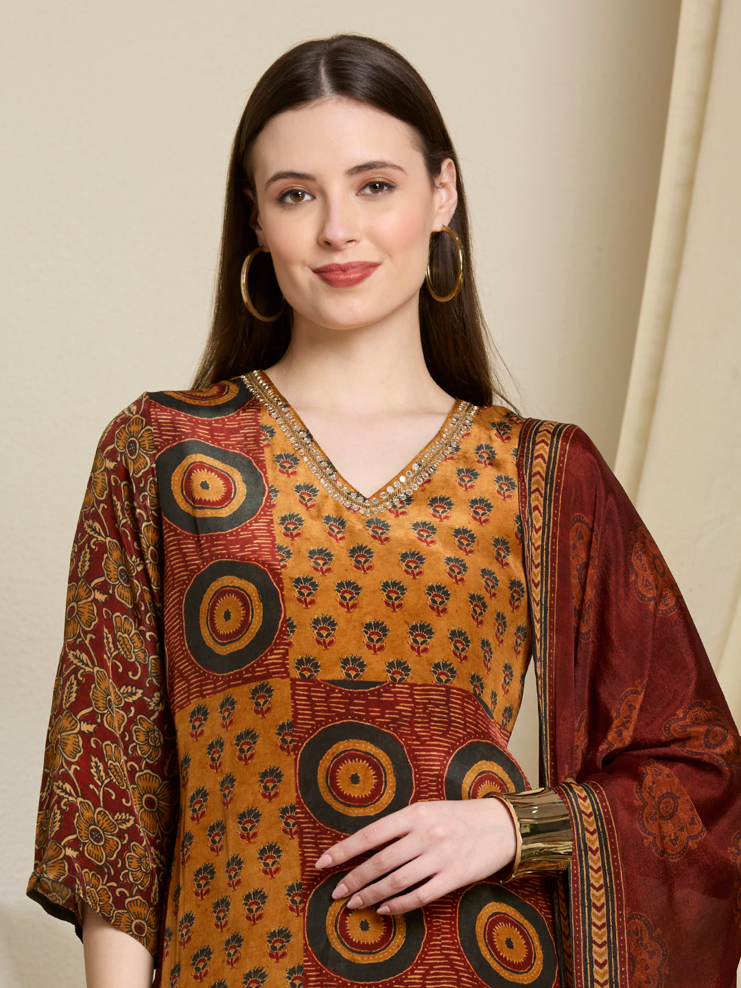 Ethnic Printed & Embroidered Straight Kurta with Pant & Dupatta - Mustard