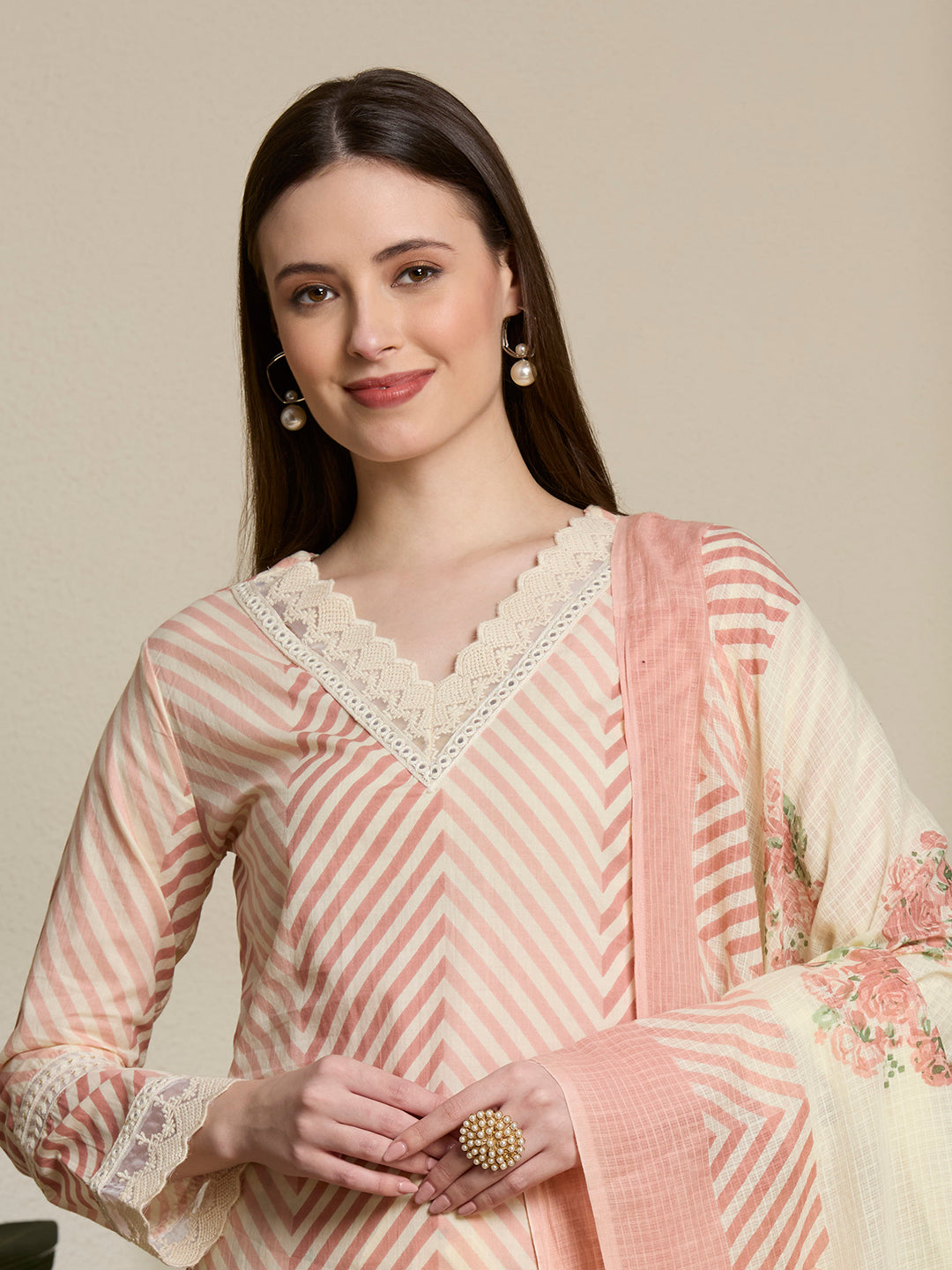 Chevron & Floral Printed Straight Kurta with Palazzo & Dupatta - Pink