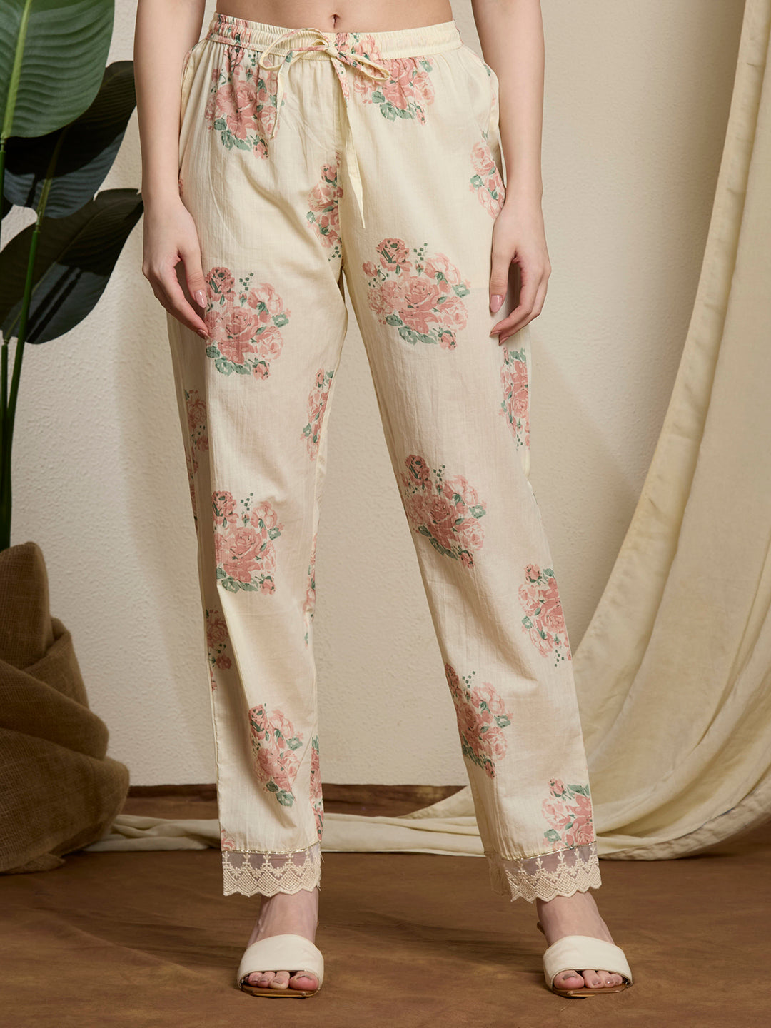 Chevron & Floral Printed Straight Kurta with Palazzo & Dupatta - Pink