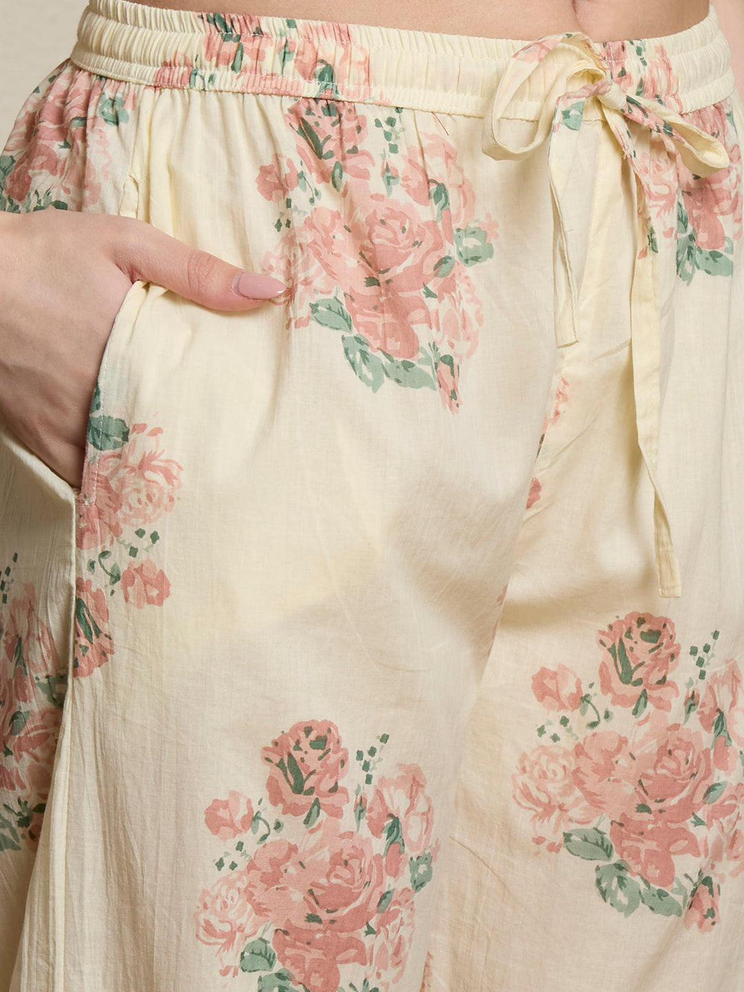 Chevron & Floral Printed Straight Kurta with Palazzo & Dupatta - Pink
