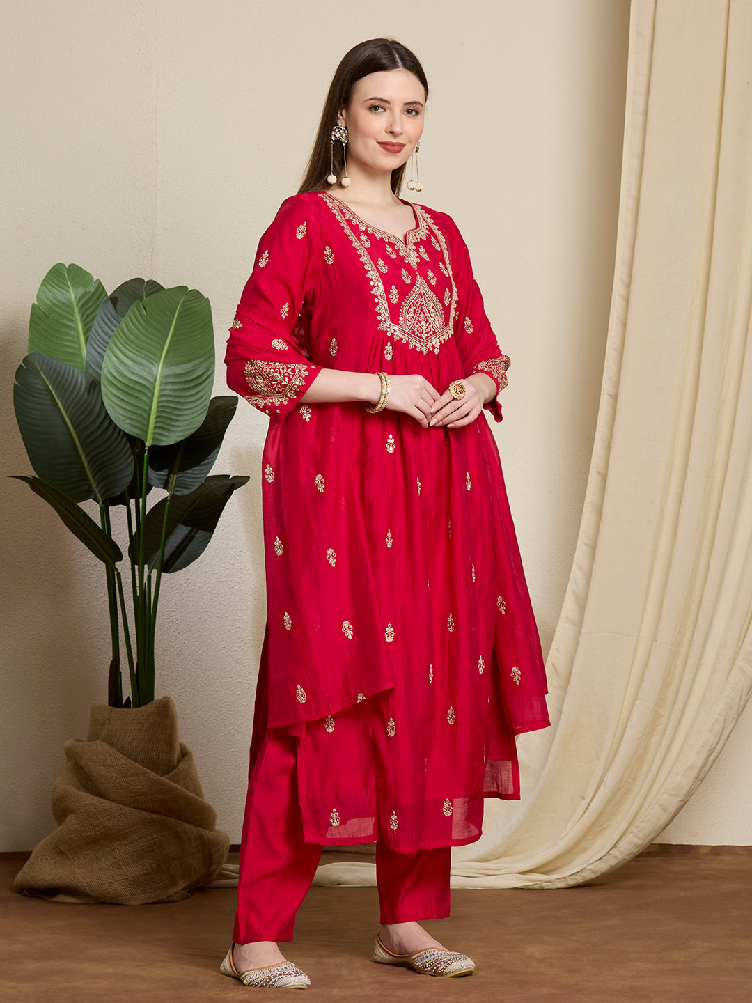 Festive Solid Sequin Embroidered A-Line Paneled Kurta with Pant and Dupatta - Red
