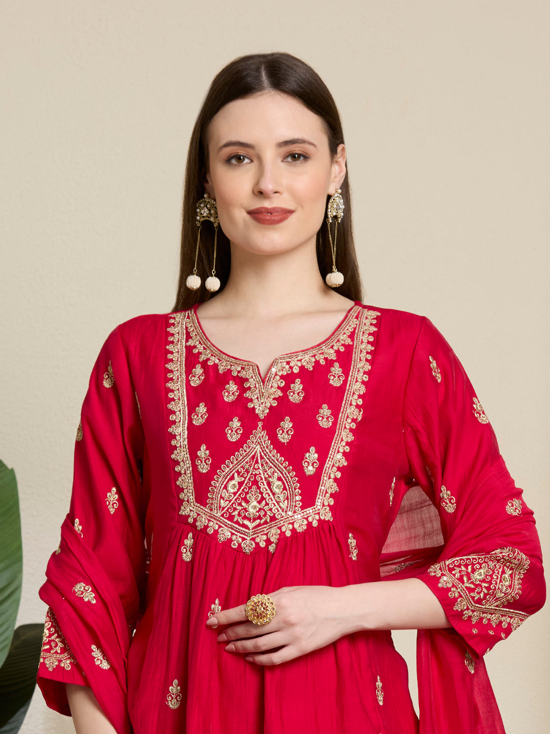 Festive Solid Sequin Embroidered A-Line Paneled Kurta with Pant and Dupatta - Red