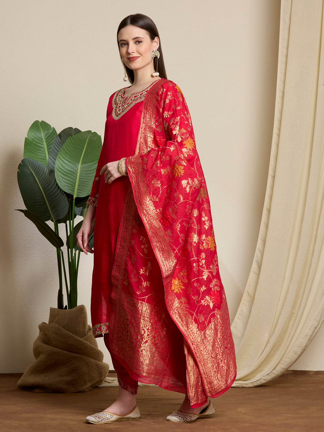 Solid Ethnic Embroidered Straight Kurta with Dhoti & Dupatta - Red
