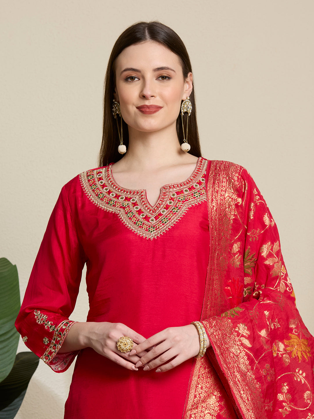 Solid Ethnic Embroidered Straight Kurta with Dhoti & Dupatta - Red