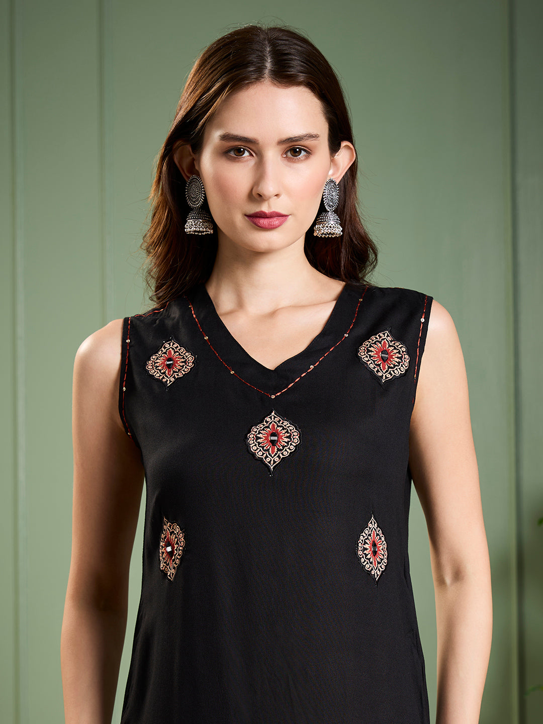 Solid Ethnic Kantha work Straight Kurta with Printed Palazzo - Black