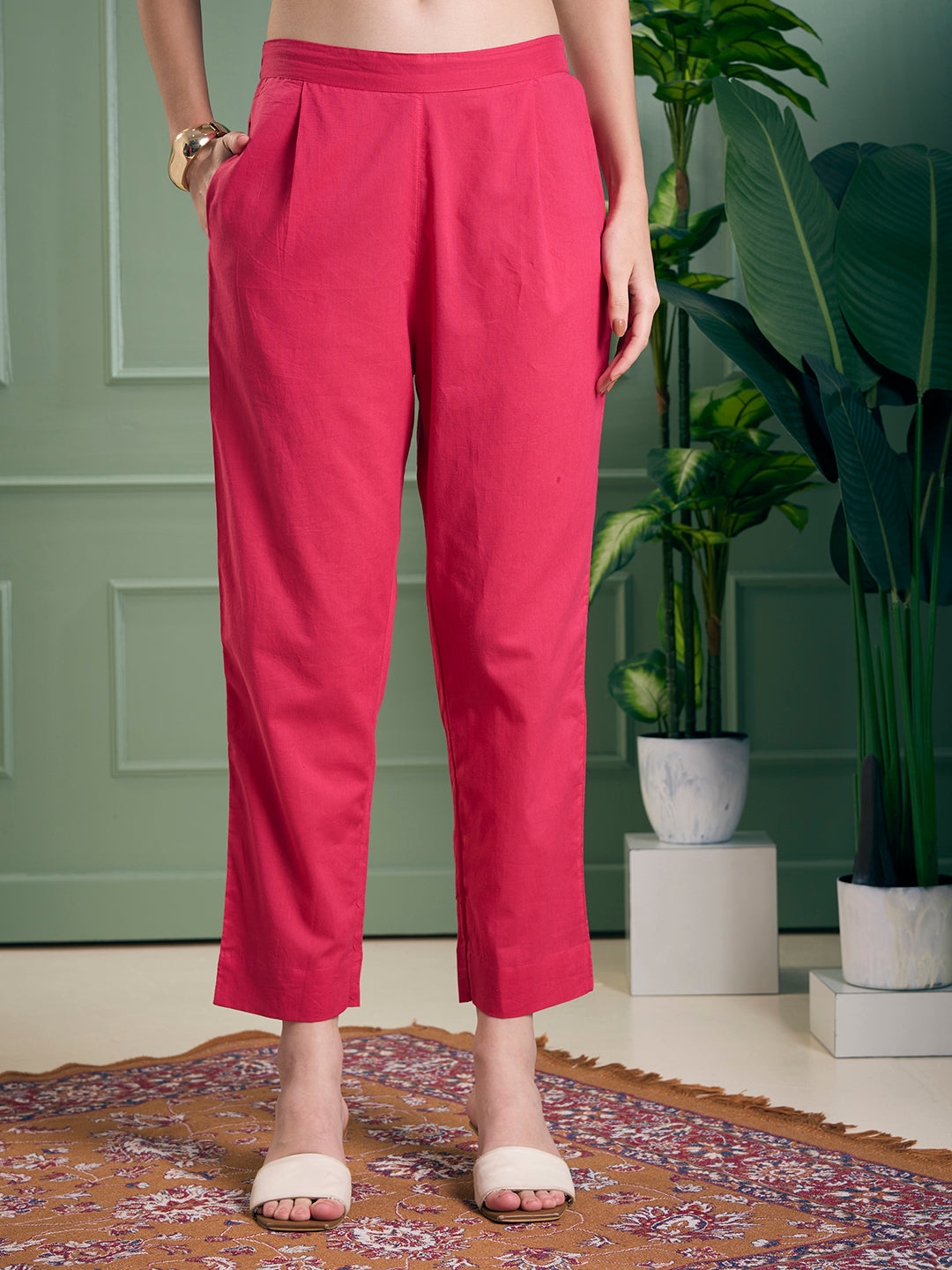 Floral Printed A-Line Flared Kurta with Pant - Magenta