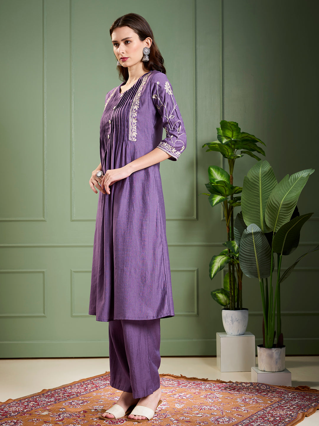 Solid Floral Zari Embroidered A-Line Kurta with Pant - Purple
