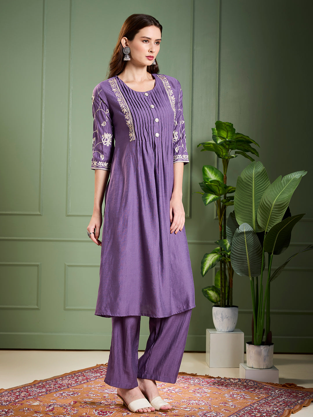 Solid Floral Zari Embroidered A-Line Kurta with Pant - Purple