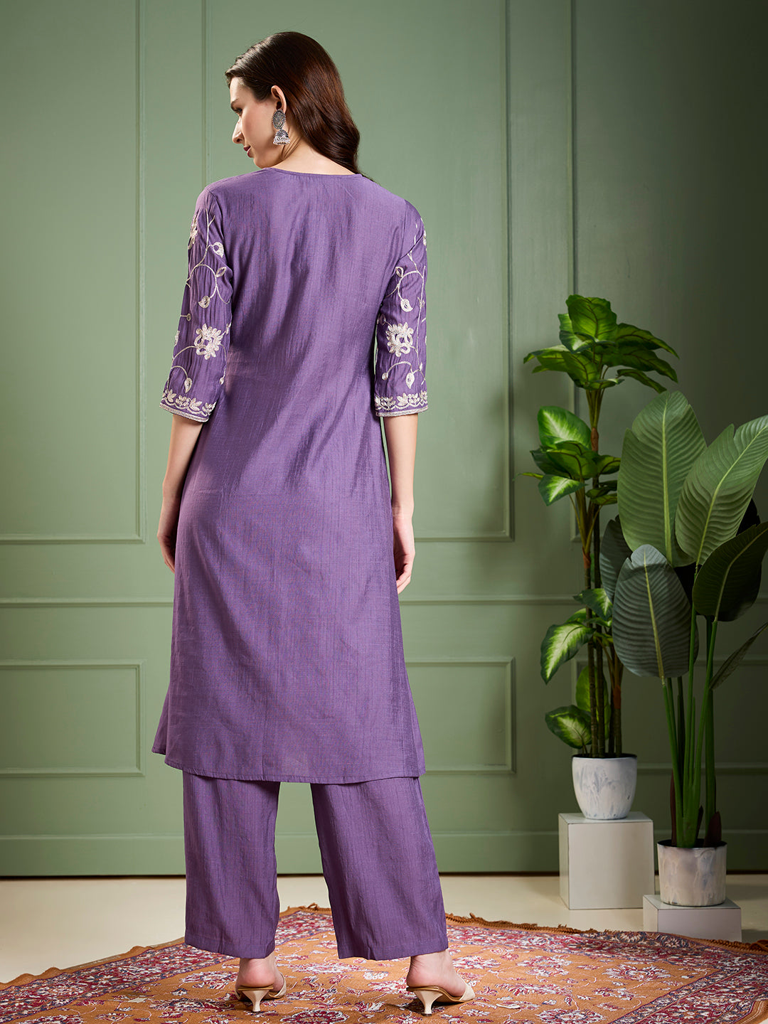 Solid Floral Zari Embroidered A-Line Kurta with Pant - Purple