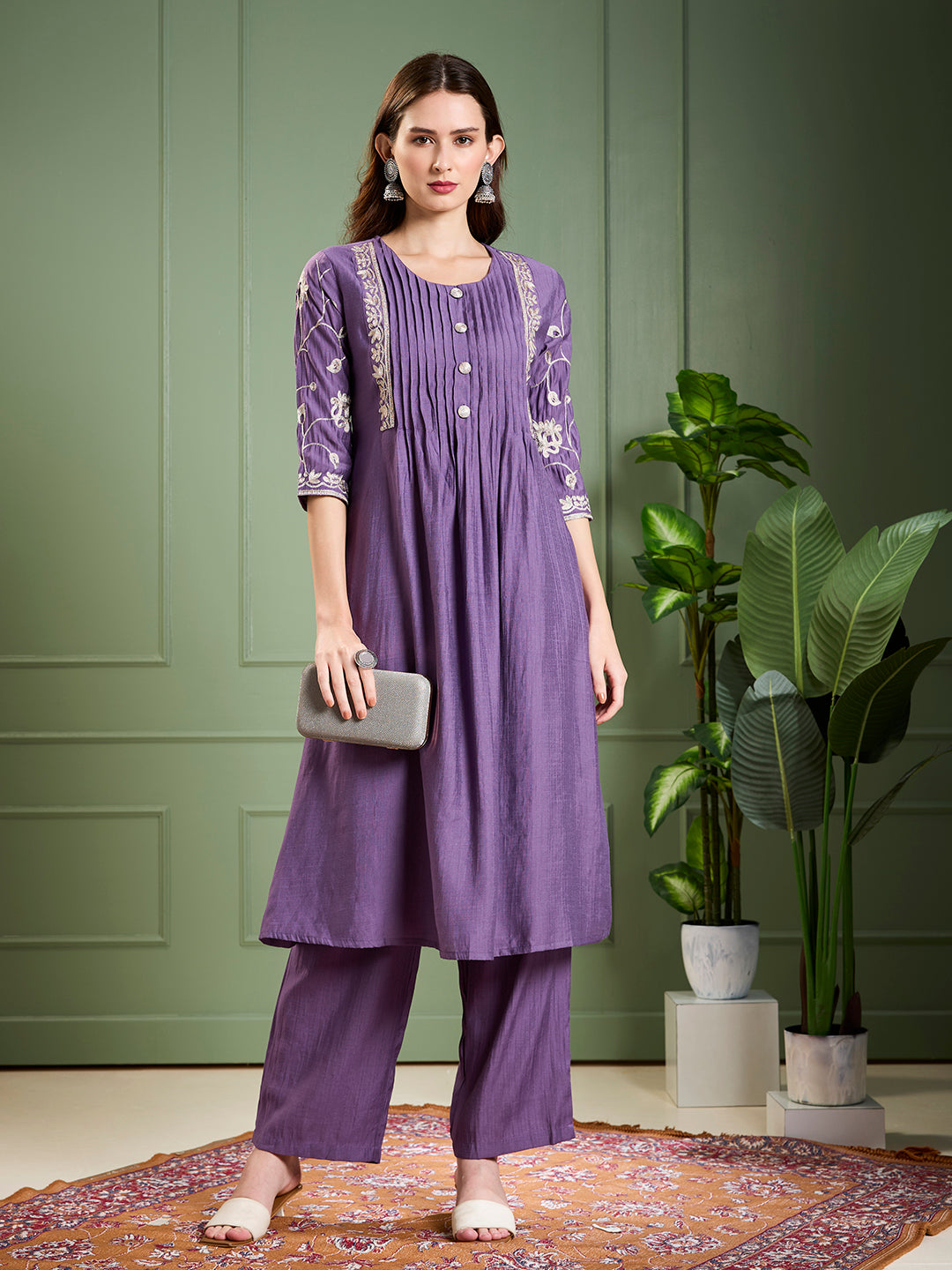Solid Floral Zari Embroidered A-Line Kurta with Pant - Purple