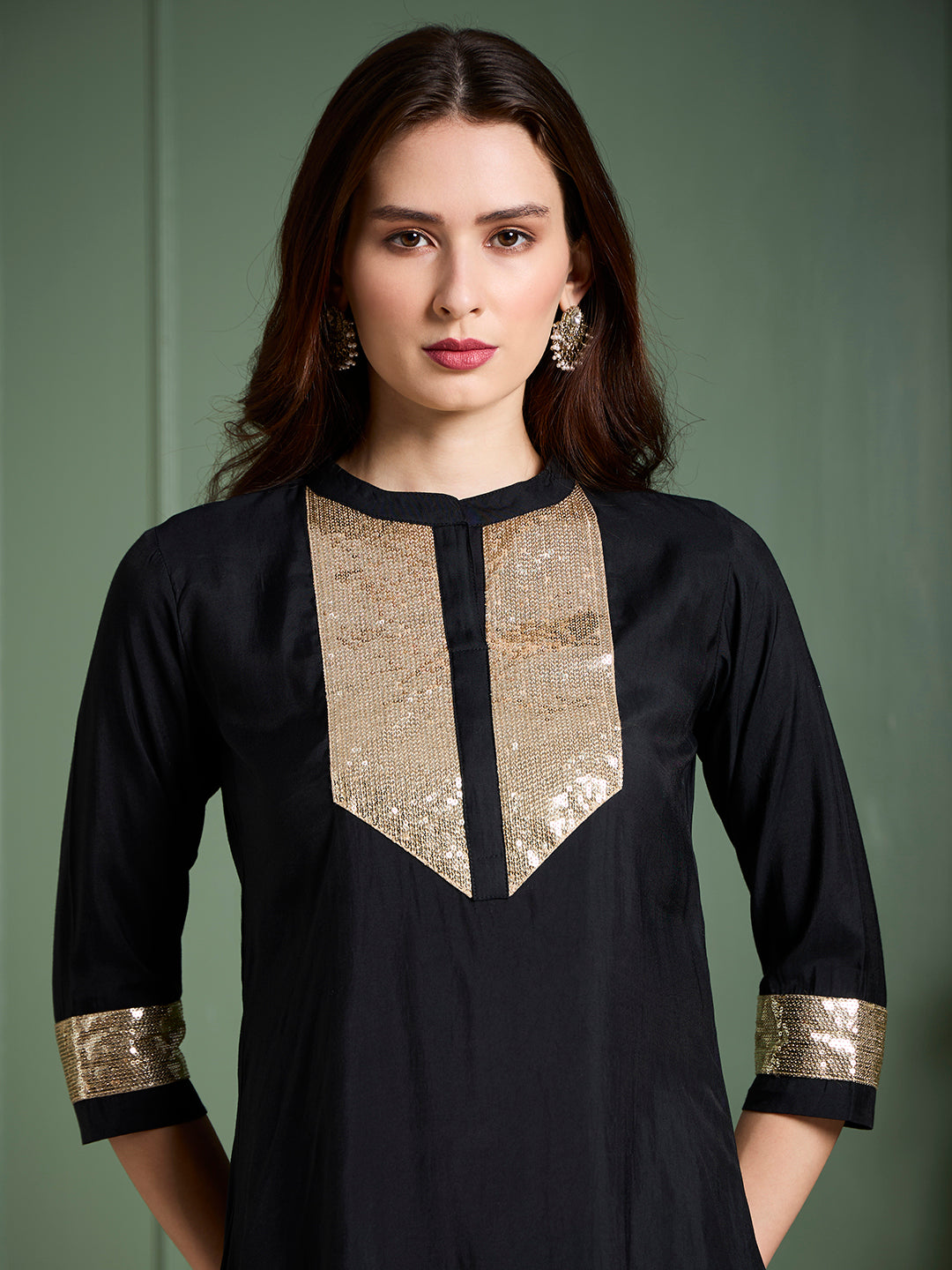 Solid Sequin Embroidered Straight Fit Co-ord Set - Black