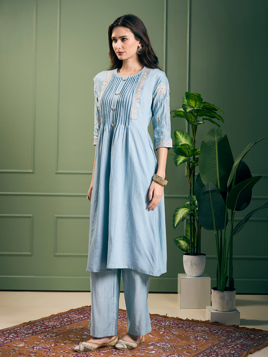 Solid Floral Zari Embroidered A-Line Kurta with Pant - Light Blue