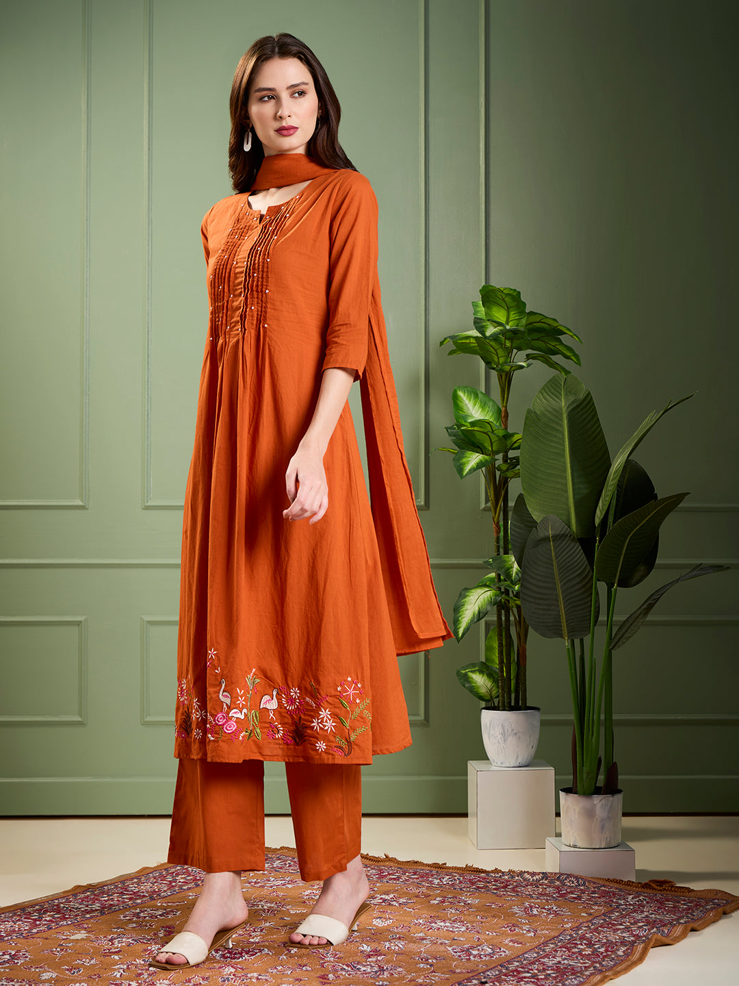 Solid Animal Motif Work & A-Line Pleated Kurta with Palazzo & Dupatta - Rust