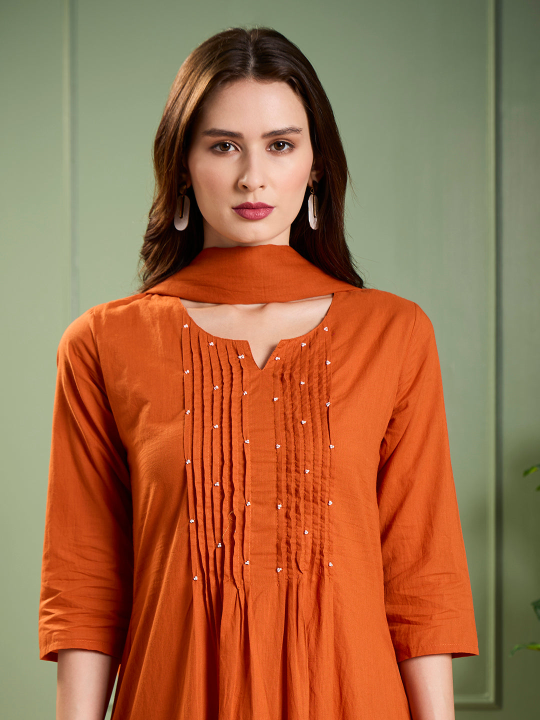 Solid Animal Motif Work & A-Line Pleated Kurta with Palazzo & Dupatta - Rust