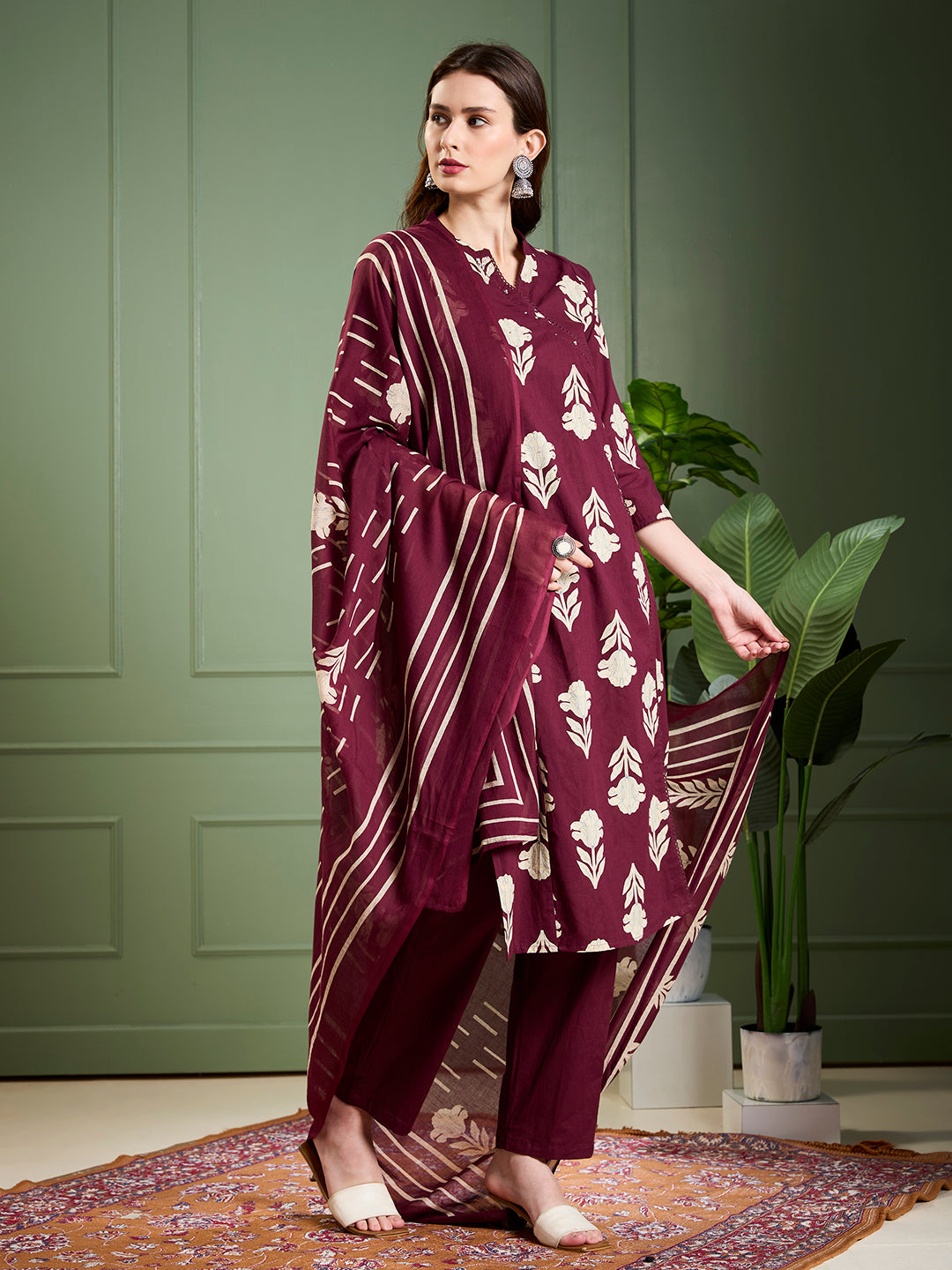 Ethnic Floral Printed & Embroidered Straight Kurta with Pant & Dupatta - Burgundy