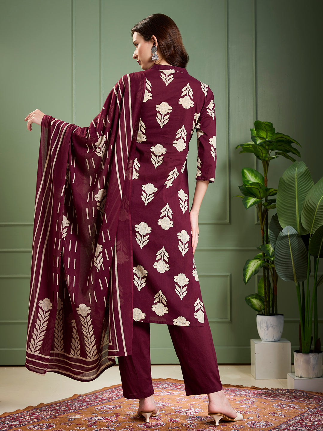 Ethnic Floral Printed & Embroidered Straight Kurta with Pant & Dupatta - Burgundy