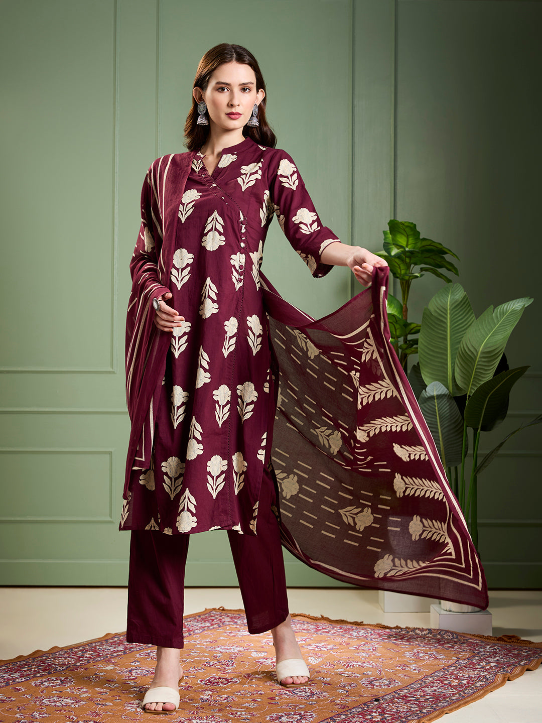 Ethnic Floral Printed & Embroidered Straight Kurta with Pant & Dupatta - Burgundy