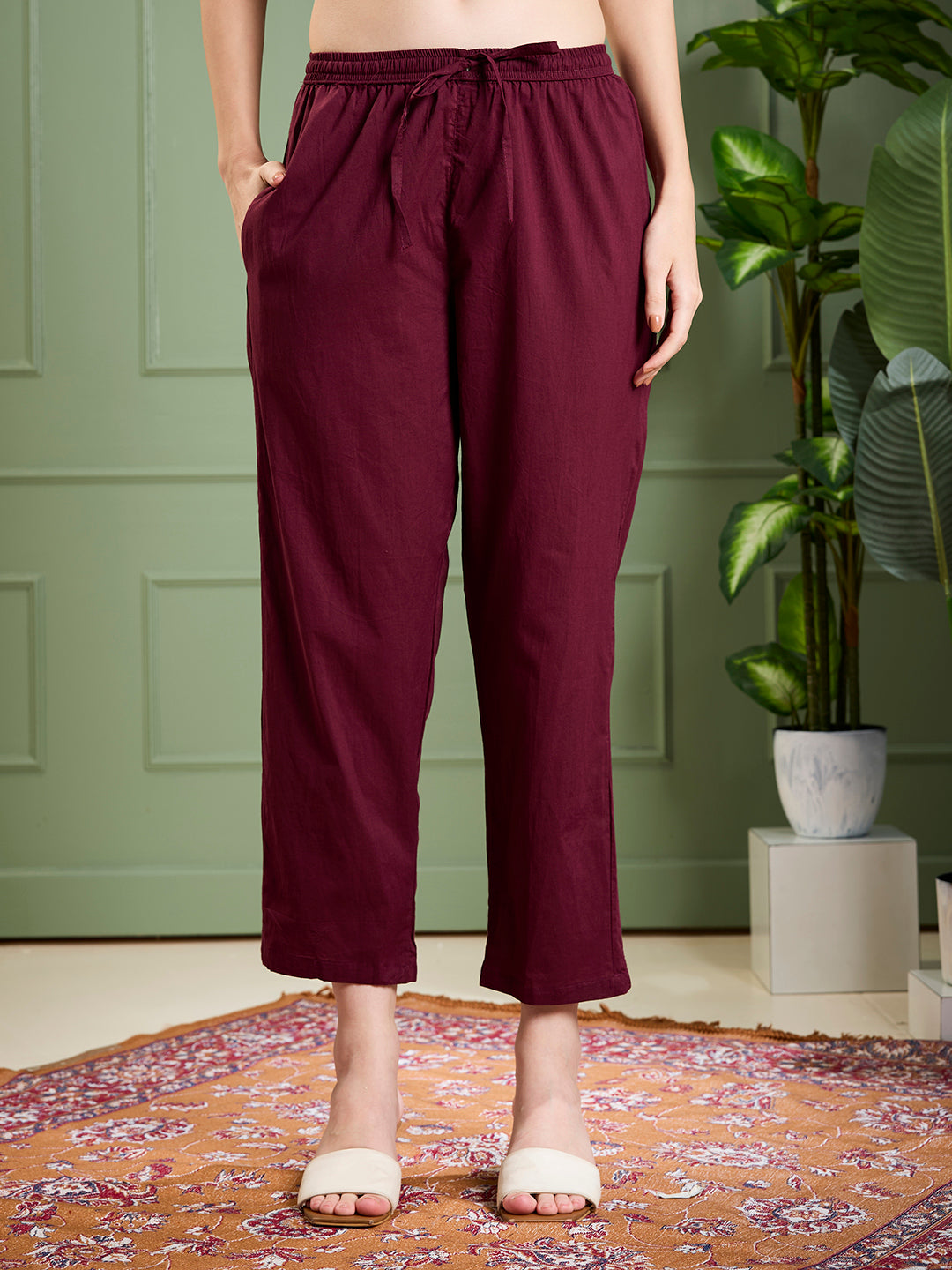 Ethnic Floral Printed & Embroidered Straight Kurta with Pant & Dupatta - Burgundy