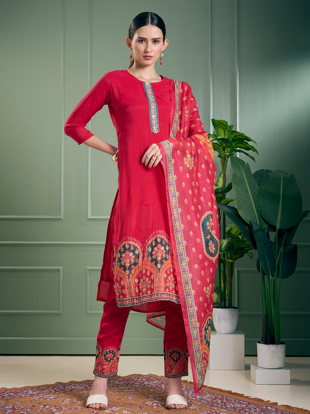 Ethnic Printed & Embroidered Straight Kurta with Pant & Dupatta - Pink
