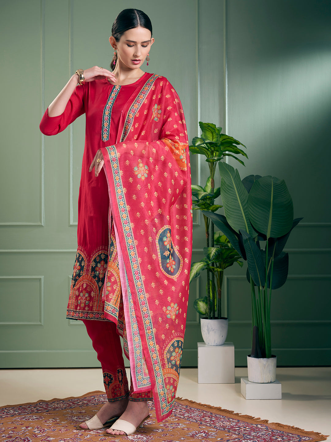 Ethnic Printed & Embroidered Straight Kurta with Pant & Dupatta - Pink